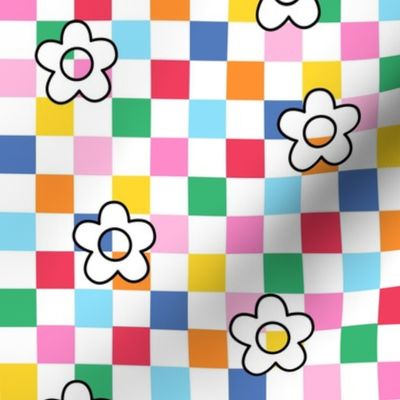 flower power rainbow checks on white med - retro groovy collection