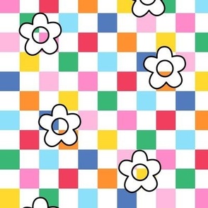 flower power rainbow checks on white med - retro groovy collection