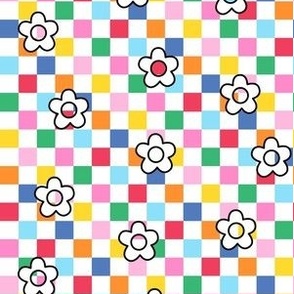 flower power rainbow checks on white sm - retro groovy collection