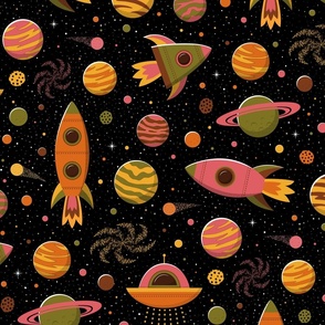 Retro Space Ride with rockets, planets, stars, comets in comic book style