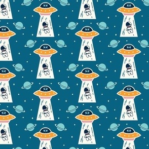 UFO OVNI Retro Spaceman Alien abduction on Teal