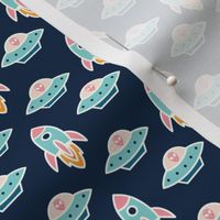 Small - Pastel UFOs, Alien space craft and rockets on a Navy background