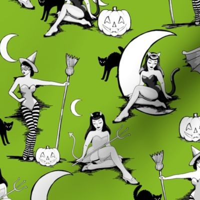 Vintage Halloween pinups in ghastly green