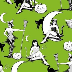 Vintage Halloween pinups in ghastly green