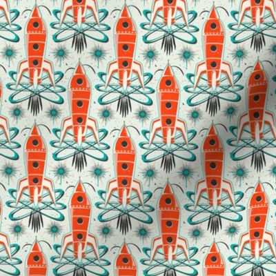 Blast Off - Retro Rockets Textured Ivory Red Aqua Small Scale 