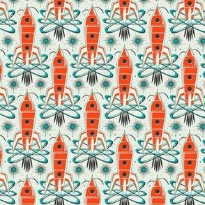 Blast Off - Retro Rockets Textured Ivory Red Aqua Small Scale 