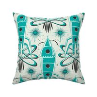 Blast Off - Retro Rockets Textured Ivory Aqua Large Scale