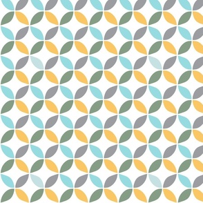 Geometric design teal, grey, yellow, green on white