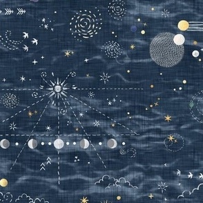 Star Gazer on Dark Blue | Hand drawn galaxies, planets, moon and stars on shibori slate blue, celestial navigation, astronavigation, space explorer, star gazing, astronomy fabric in navy blue and gold.