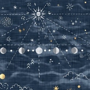Star Gazer on Dark Blue (large scale) | Hand drawn galaxies, planets, moon and stars on shibori slate blue, celestial navigation, astronavigation, space explorer, star gazing, astronomy fabric in navy blue and gold.