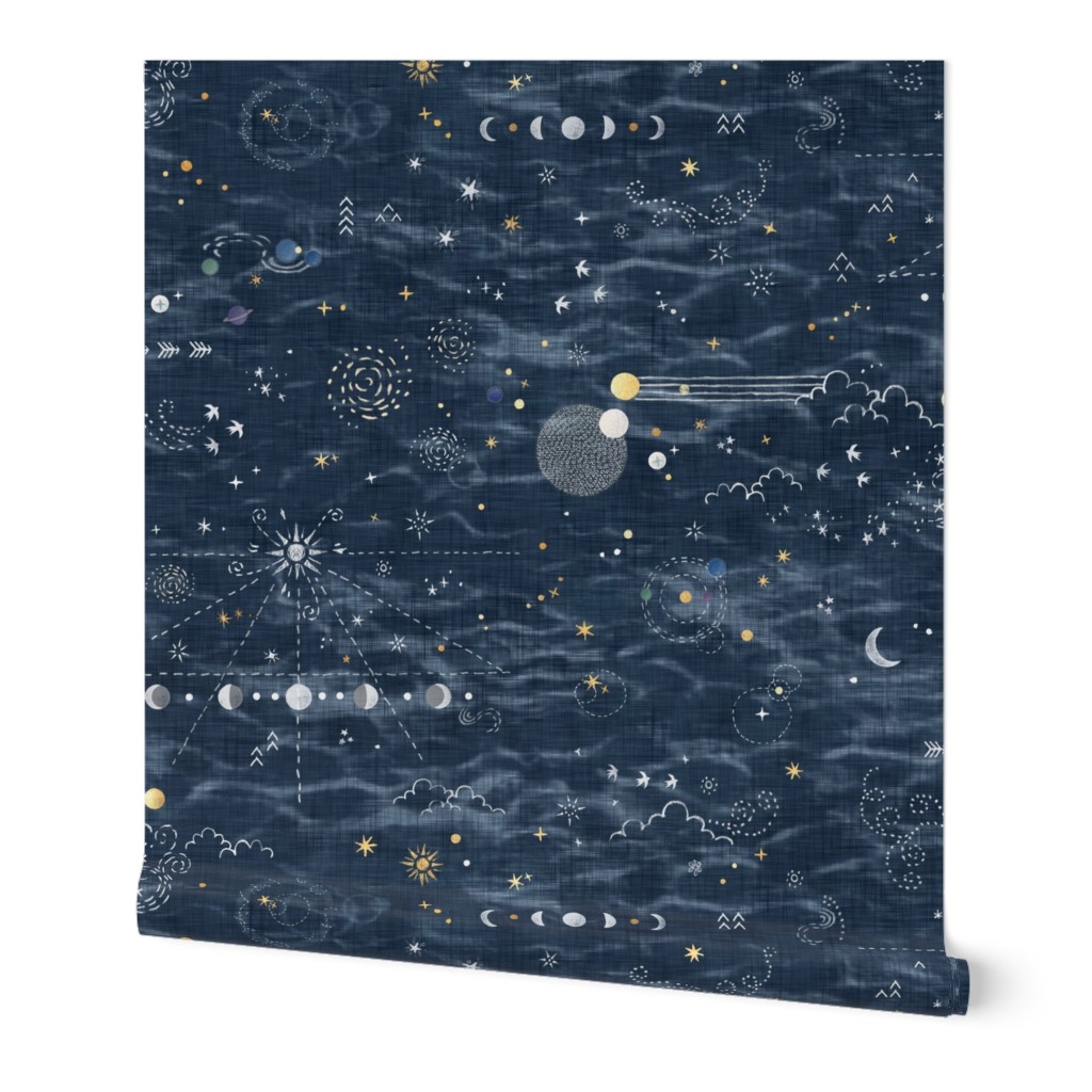 Star Gazer on Dark Blue (xl scale) | Hand drawn galaxies, planets, moon and stars on shibori slate blue, celestial navigation, astronavigation, space explorer, star gazing, astronomy fabric in navy blue and gold.