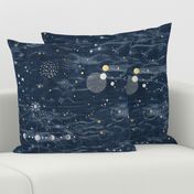 Star Gazer on Dark Blue (xl scale) | Hand drawn galaxies, planets, moon and stars on shibori slate blue, celestial navigation, astronavigation, space explorer, star gazing, astronomy fabric in navy blue and gold.