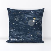 Star Gazer on Dark Blue (xl scale) | Hand drawn galaxies, planets, moon and stars on shibori slate blue, celestial navigation, astronavigation, space explorer, star gazing, astronomy fabric in navy blue and gold.