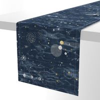 Star Gazer on Dark Blue (xl scale) | Hand drawn galaxies, planets, moon and stars on shibori slate blue, celestial navigation, astronavigation, space explorer, star gazing, astronomy fabric in navy blue and gold.