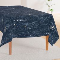 Star Gazer on Dark Blue (xl scale) | Hand drawn galaxies, planets, moon and stars on shibori slate blue, celestial navigation, astronavigation, space explorer, star gazing, astronomy fabric in navy blue and gold.