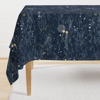 Star Gazer on Dark Blue (xl scale) | Hand drawn galaxies, planets, moon and stars on shibori slate blue, celestial navigation, astronavigation, space explorer, star gazing, astronomy fabric in navy blue and gold.