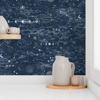 Star Gazer on Dark Blue (xl scale) | Hand drawn galaxies, planets, moon and stars on shibori slate blue, celestial navigation, astronavigation, space explorer, star gazing, astronomy fabric in navy blue and gold.