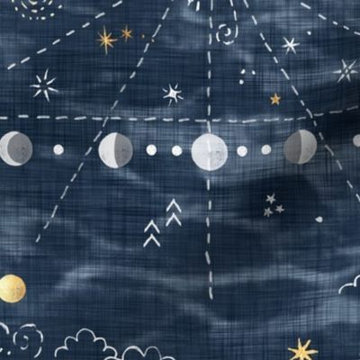 Star Gazer on Dark Blue (xl scale) | Hand drawn galaxies, planets, moon and stars on shibori slate blue, celestial navigation, astronavigation, space explorer, star gazing, astronomy fabric in navy blue and gold.