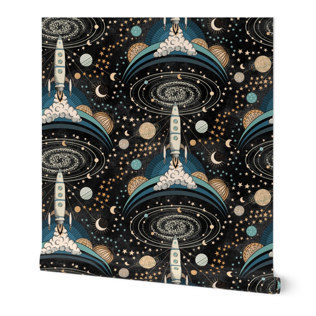 Space Exploration - retro style rocket ship/ space ship  and space colony with planets - large