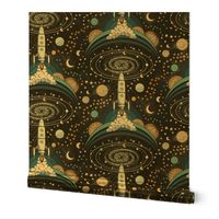 Space Exploration - retro style rocket ship/ space ship  and space colony with planets - large