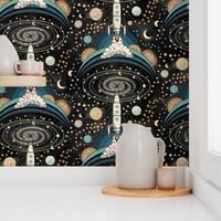 Space Exploration - retro style rocket ship/ space ship  and space colony with planets - large