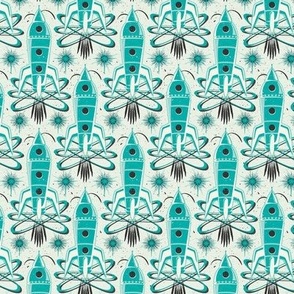 Blast Off - Retro Rockets Textured Ivory Aqua Small Scale