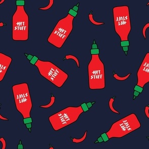 (M Scale) Hot Stuff | Hot Sauce Bottle with Peppers Scattered on Navy