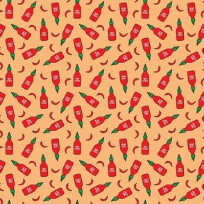 (S Scale) Hot Stuff | Hot Sauce Bottle with Peppers Scattered on Orange