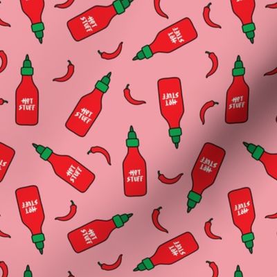 (S Scale) Hot Stuff | Hot Sauce Bottle with Peppers Scattered on Pink