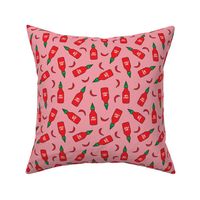 (S Scale) Hot Stuff | Hot Sauce Bottle with Peppers Scattered on Pink