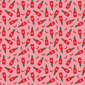 (S Scale) Hot Stuff | Hot Sauce Bottle with Peppers Scattered on Pink