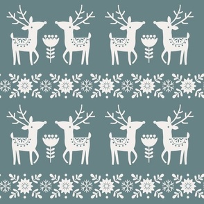 (M Scale) Boho Christmas Nordic Sweater Reindeer Hunter White on Blue