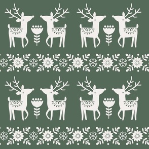 (M Scale) Boho Christmas Nordic Sweater Reindeer Hunter White on Hunter Green