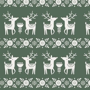 (S Scale) Boho Christmas Nordic Sweater Reindeer Hunter White on Hunter Green