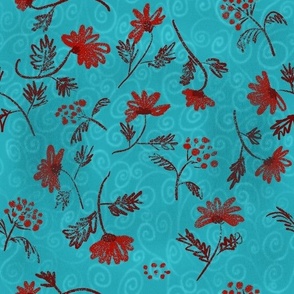 Red flowers and berries  on teal