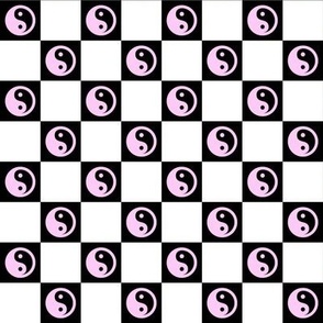 yin yang checks med pastel pink on black - retro groovy collection
