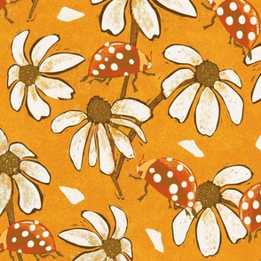 Daisies and ladybugs sunny yellow