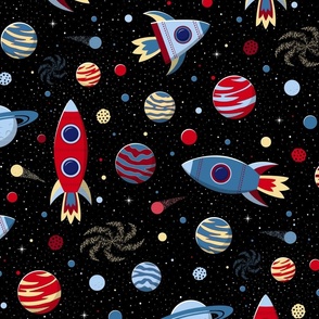 Retro Space Ride with rockets, planets, stars, comets in comic book style in blues