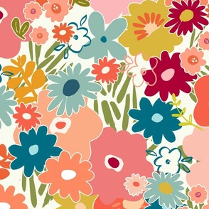 Large Scale Floral, Bright Bold Modern floral mustard yellow, coral, pink, teal blue © Terri Conrad Designs copy