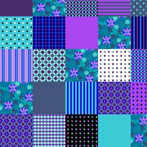 Retro Floral Joy - Cheater Quilt - Ultramarine Blue, Uniform Blue, Purple, Bright Lilac, Aqua - 1100da, 42567b, 482b6d, a946ef, 3dcbd7