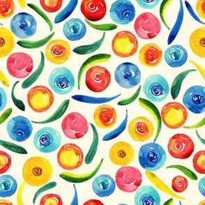 watercolor flower bubbles in blue, red, yellow, green leaves