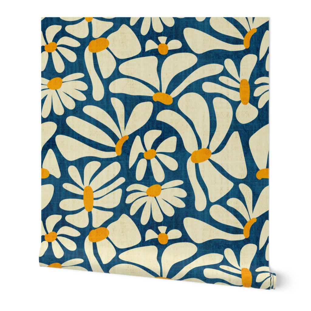 Retro Whimsy Daisy- Flower Power on Blue- Eggshell Floral- Large Scale