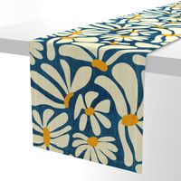 Retro Whimsy Daisy- Flower Power on Blue- Eggshell Floral- Large Scale