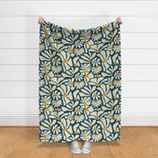 Retro Whimsy Daisy- Flower Power on Blue- Eggshell Floral- Large Scale