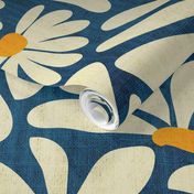 Retro Whimsy Daisy- Flower Power on Blue- Eggshell Floral- Large Scale