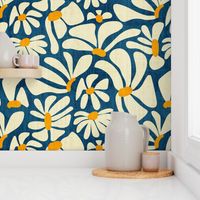 Retro Whimsy Daisy- Flower Power on Blue- Eggshell Floral- Large Scale