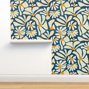 Retro Whimsy Daisy- Flower Power on Blue- Eggshell Floral- Large Scale