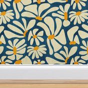 Retro Whimsy Daisy- Flower Power on Blue- Eggshell Floral- Large Scale