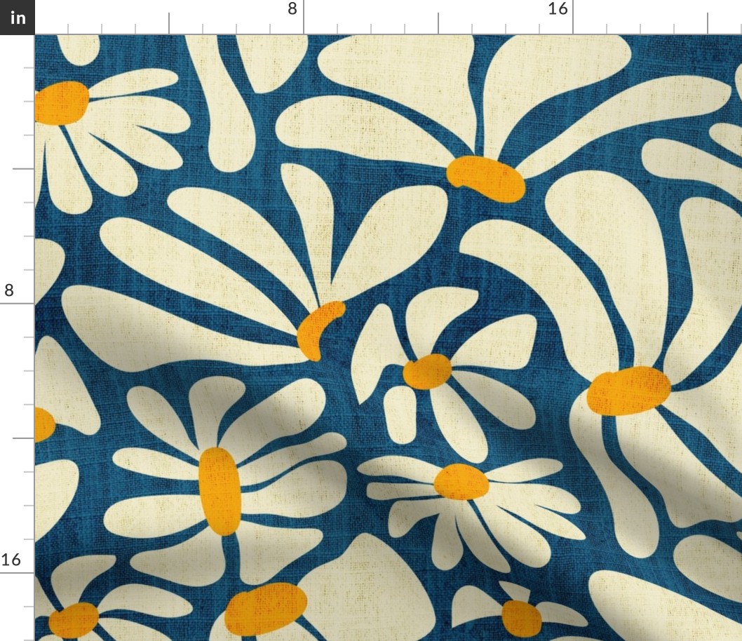 Retro Whimsy Daisy- Flower Power on Blue- Eggshell Floral- Large Scale