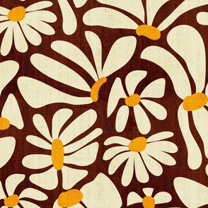 Retro Whimsy Daisy- Flower Power on Brown- Eggshell Floral- Large Scale